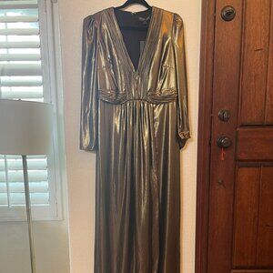 Rachel Zoe Rosalee Metallic Gold Lame long-sleeve Maxi Gown - size 14